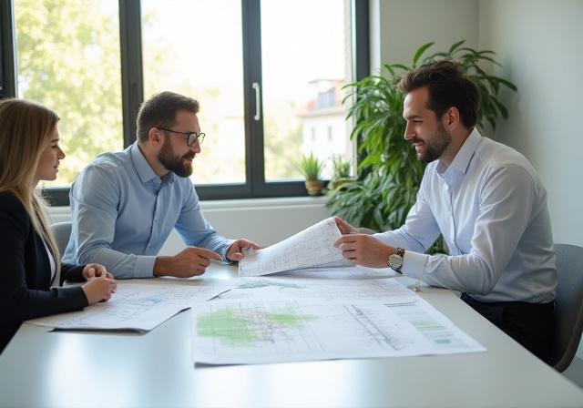 Equipo de consultoría ambiental trabajando en oficina moderna en Madrid